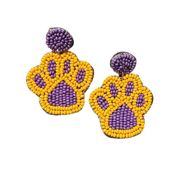 Purple & Gold Beaded Paw Print Earrings/Geaux Tigers/LSU Earrings/Gift for Her - Picture 2 of 3